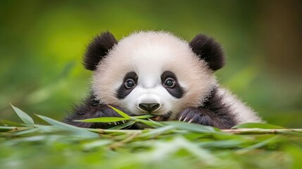 Adorable Baby Panda Eating Bamboo in Lush Green Environment