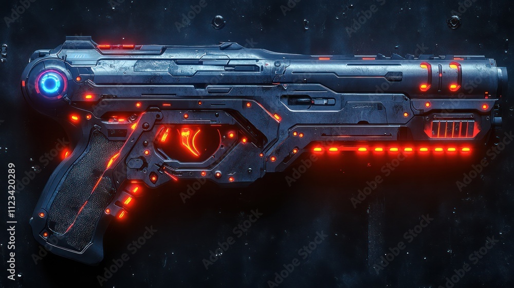 Poster futuristic handgun with glowing elements and intricate design
