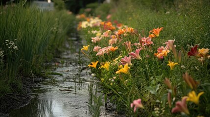 Obraz premium Vibrant Flower Border Along Tranquil Waterway in Summer Light