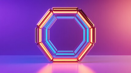 Neon octagon frame with vibrant light.