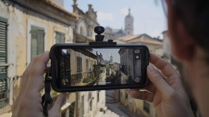 Smartphone filming a historic town s stunning architecture and charming streets on a stabilizer