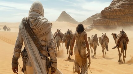 Fototapeta premium Nomadic people journey through a vast desert landscape with camels