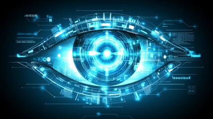 Obraz premium Abstract digital eye design with dynamic wave lines in a glowing neon style perfect for high-tech backgrounds showcasing artificial intelligence and digital advancements.