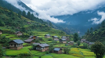 Obraz premium Scenic Mountain Village Surrounded by Lush Green Terraces and Clouds