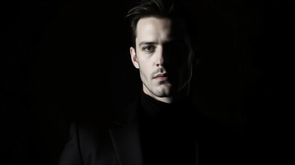 Fototapeta premium Man in Shadow: A solitary figure emerges from the darkness, his sharp features and intense gaze hinting at a story waiting to unfold.
