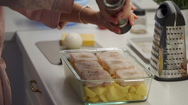 Woman cooking fish cod baked in oven with vegetables at home. Potatoes and cod fish fillet in oven baking dish. Healthy diet healthy food.