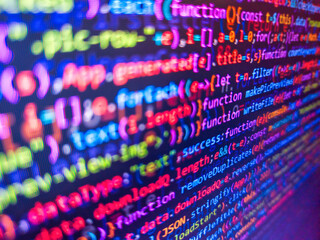 Abstract computer script code. Data encryption security code on a computer display. Blue color....