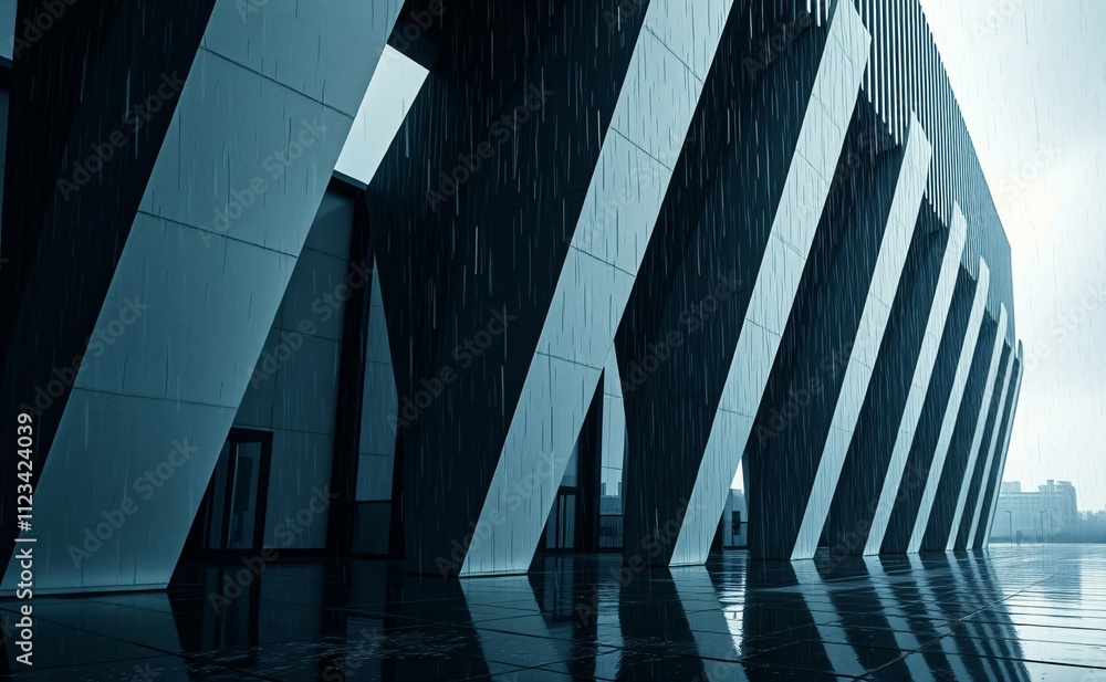 Poster modern architecture in the rain: sleek, geometric lines of a contemporary building are dramatically 