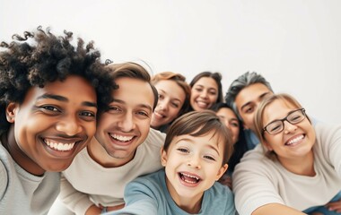 Obraz premium Happy Group Selfie: A diverse group of people, young and old, come together for a joyful selfie, capturing the essence of unity and togetherness.