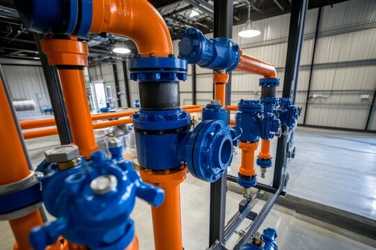 Industrial pipe network featuring distinctive blue and orange valve components for fluid control