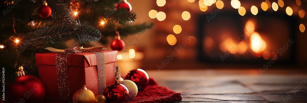 Poster a red box with a ribbon sits on a red carpet next to a christmas tree. the tree is lit up with light
