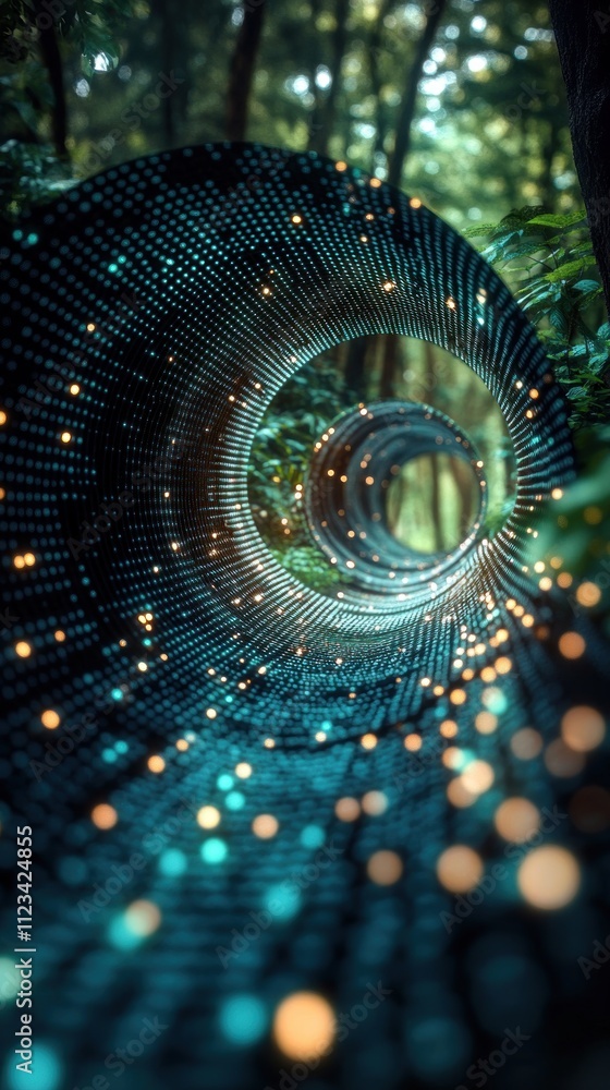 Poster mesmerizing tunnel of light amidst a lush forest, creating a dreamlike atmosphere.