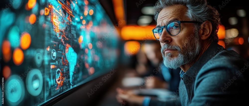 Poster man observing data visualization on a digital screen