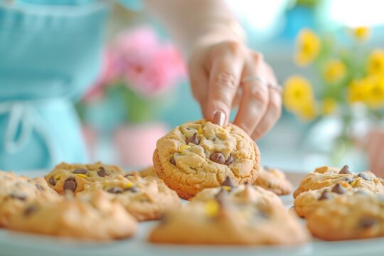 Female Adult Learner Baking Chocolate Chip Cookies in a Daytime Cooking Class on National Chocolate Chip Cookie Day