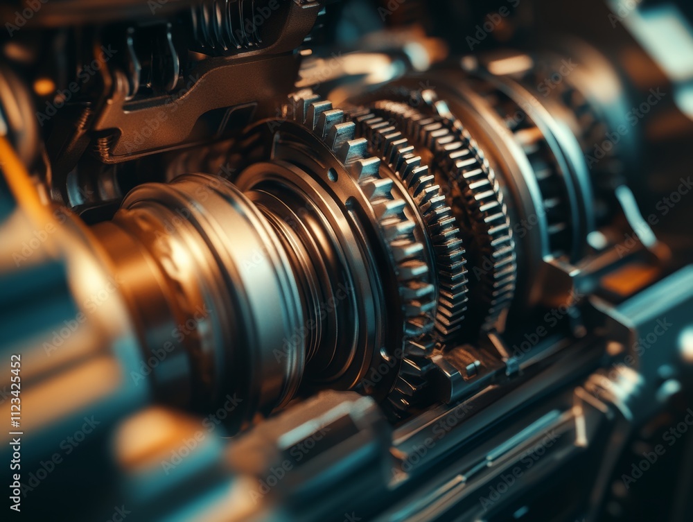 Poster intricate close up of automotive gearbox gears and cogs showcasing precision mechanical design