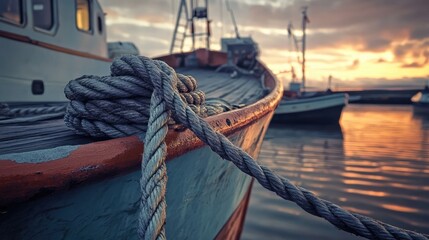 Boat with Rope at Sunset on Tranquil Water Landscape