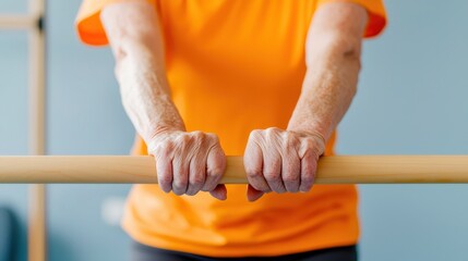 Senior exercises by gentle movement, A senior practicing balance exercises on a soft mat, holding onto a sturdy bar for support.