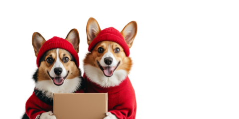 Two cheerful corgis in red hats holding a gift box, isolated on a white background.
