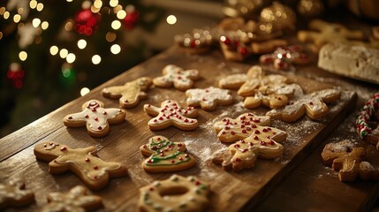 Festive Christmas cookie scene on rustic table with cozy kitchen ambiance