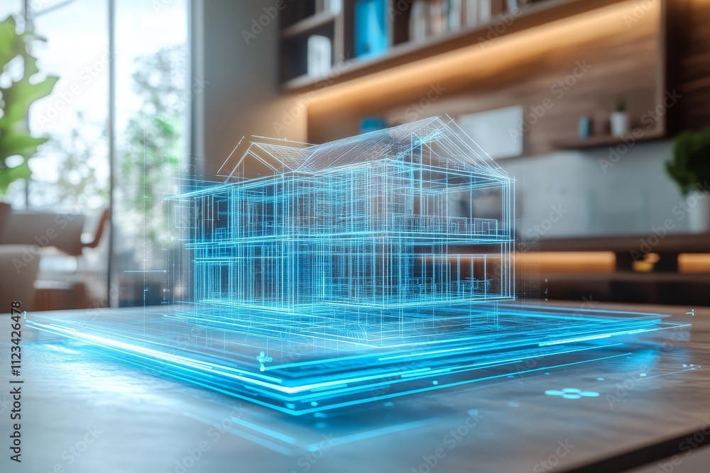 Poster virtual holographic 3d blueprints of real estate project displayed on table in modern office setting