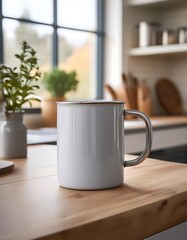 Obraz premium Chic kitchen display featuring an enamel mug with a frosted finish and clean lines on a wooden table. Generative AI
