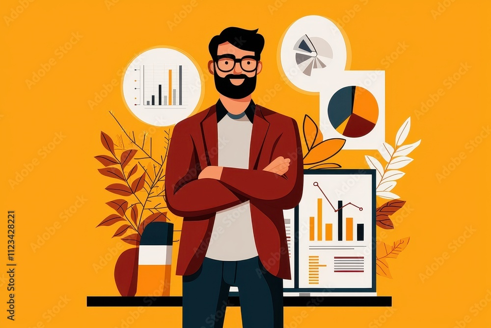 Aufkleber a confident man stands in front of charts and graphs, surrounded by foliage, symbolizing data analys