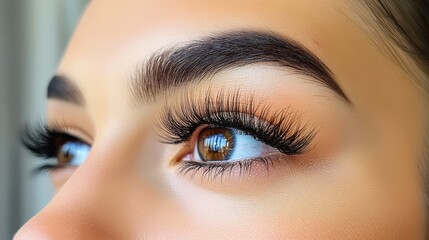 Obraz premium Close-up of a woman's eye showcasing beautiful eyelashes, ideal for beauty, makeup, and cosmetic articles, This image highlights eye details and can enhance marketing and advertisement materials,