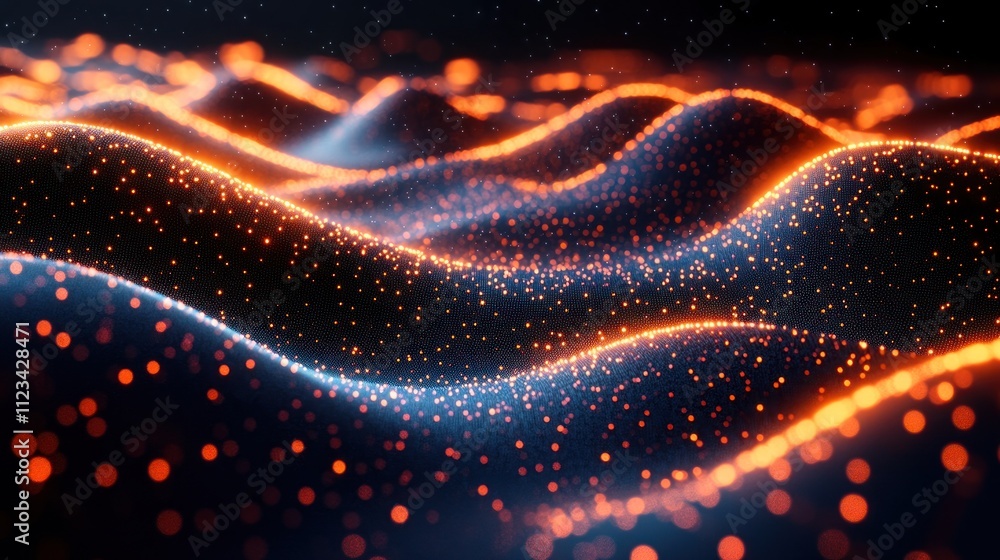 Poster abstract waves with glowing particles in dark space