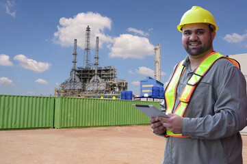 Asian male engineer poses with arms crossed and pointing while wearing a safety uniform in front of an oil refinery while inspecting operations in the refinery area. Oil refinery industrial engineer