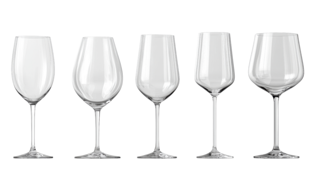 Elegant Collection of Five Different Wine Glasses Showing Variety in Shape and Size Perfect for Any Wine Enthusiast or Catering Event Setting with Minimalistic Design