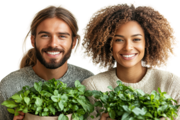 A cheerful couple holding potted herbs, promoting plant care and healthy living, with smiles indicating joy and connection with nature.