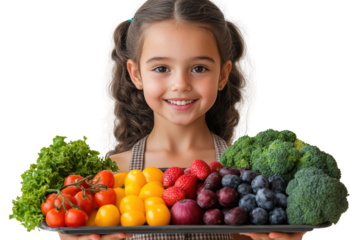 A cheerful girl presenting a vibrant assortment of fresh vegetables and fruits on a platter, showcasing healthy eating and nutrition.