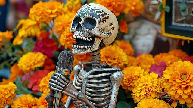 During the Dia de los Muertos festival, a skeleton holding a microphone is surrounded by marigolds and autumnal decorations.