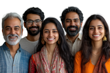 A cheerful group of five diverse individuals smiling, representing friendship and unity. Perfect for illustrating social connection and community.
