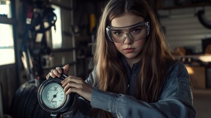 Young female mechanic with long brown hair wearing safety goggles and a gray jumpsuit, using a tire pressure gauge on a mounted tire in an automotive workshop.