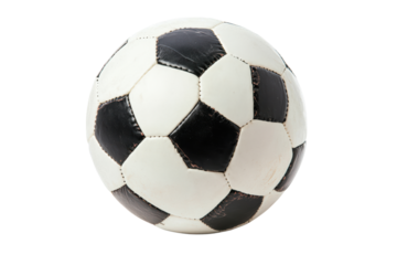 A classic black and white soccer ball, resting on a white isolate background. Ideal for sports-themed designs and activities.