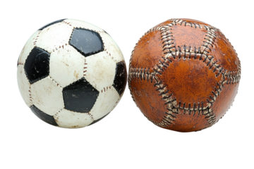A classic black and white soccer ball alongside a vintage brown leather football, isolated against a transparent background.