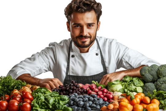 A chef presenting a vibrant array of fresh vegetables and fruits, showcasing farm-to-table produce with a friendly smile in a kitchen setting.