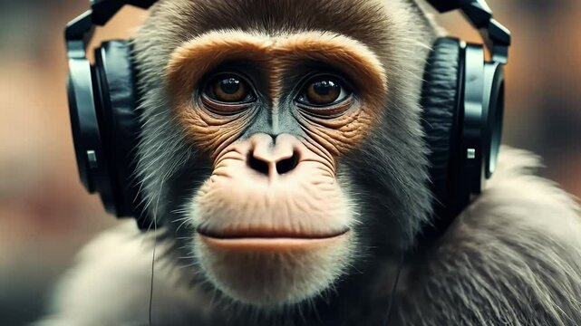 4K music listens monkey animal cartoon character design art earphones funny graphic cute head ape chimpanzee face black wild mascot primate fashion fun