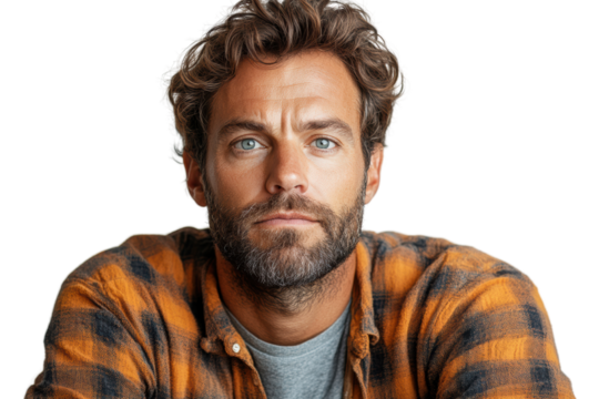 A close-up portrait of a serious man with a beard, wearing a checkered shirt, gazing into the distance with an intense expression.