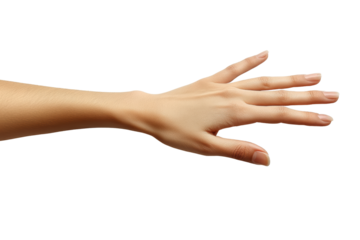 A close-up view of a human hand reaching out, symbolizing connection and communication, isolated on a transparent background.