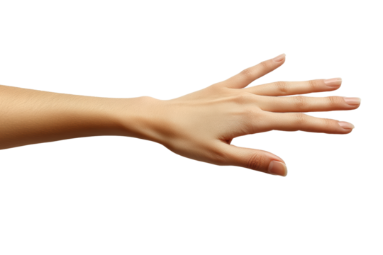 A close-up view of a human hand reaching out, symbolizing connection and communication, isolated on a transparent background.