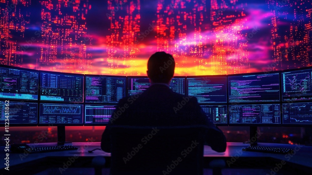 Poster a professional gazes at multiple screens displaying data, illuminated by a vibrant sunset backdrop a