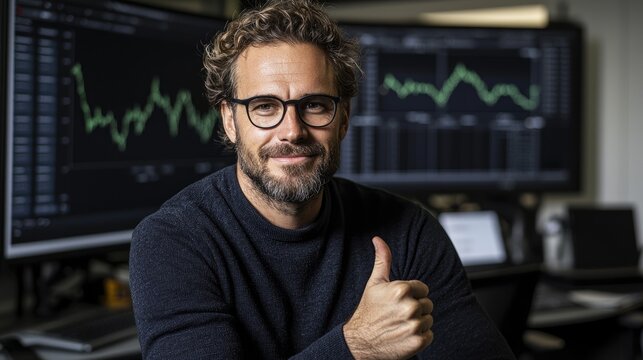 Successful investor celebrates gains in trading office environment financial overview professional setting positive vibe