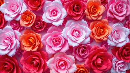 Naklejka premium Backdrop of colorful paper roses in various shades of pink, red, and orange, background, creative, arrangement
