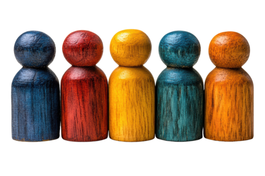 A collection of colorful wooden game pieces displayed in a row, featuring various hues of blue, red, yellow, green and orange on a white isolate background.