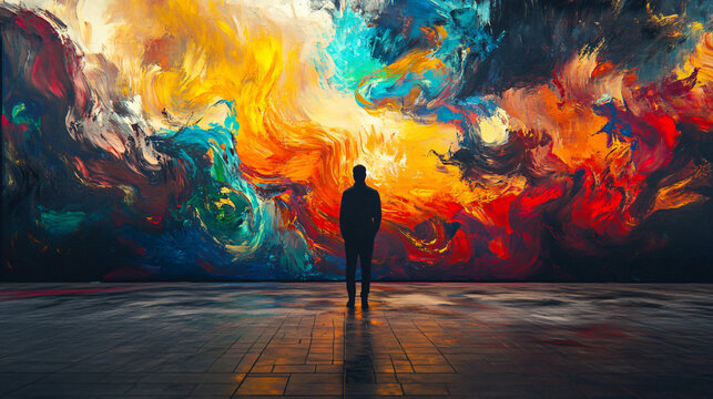 A figure lost in a vibrant mural, each stroke of paint reflecting their innermost thoughts and feelings.
