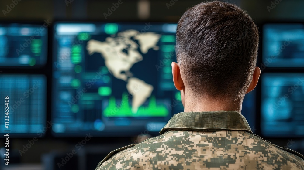 Aufkleber automated ai for decision-making, in a military command center, simulating strategies and outcomes.