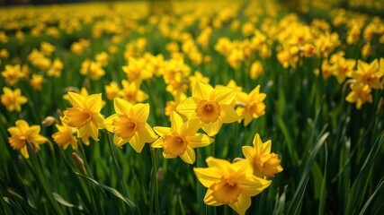 Fototapeta premium Beautiful yellow daffodil flowers blooming in a vast green field under the sun, outdoors, sunlight, fresh