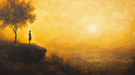 A figure lost in contemplation on a hill, as the sun casts a golden glow over the landscape.